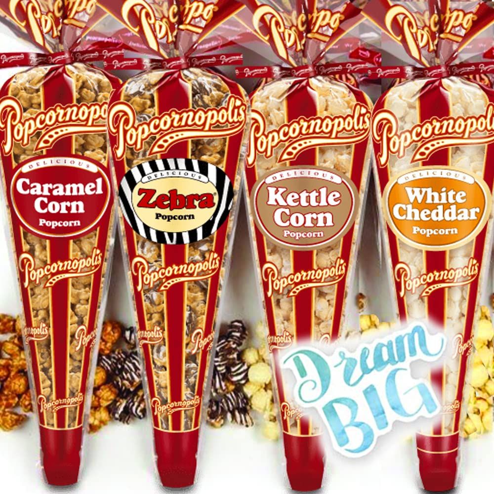 Popcornopolis Gourmet Popcorn  Premium Pack of 4 Popcorn Mini Cones  Exclusive Inspirational Sticker Small Storage Space Friendly  Great Stocking Stuffers