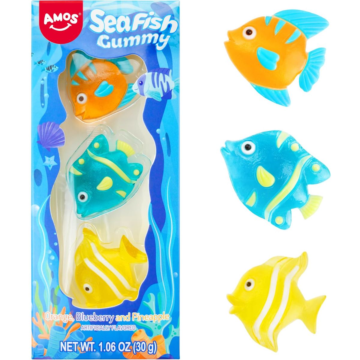 Amos 4D Gummy Fish Candy Tropical Fish Shaped Fruity Snacks for Kids Orange  Pineapple  Blueberry Flavor 106 OuncesPack of 3