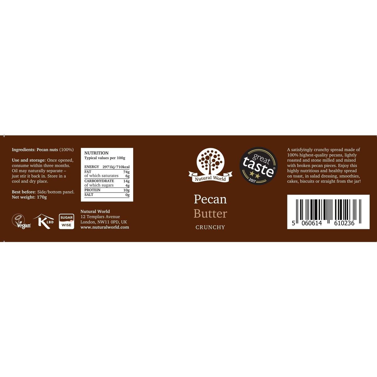 Nutural World - Crunchy Pecan Nut Butter 6 Oz (170g) Great Taste Award winner - Pure 100% single ingredient