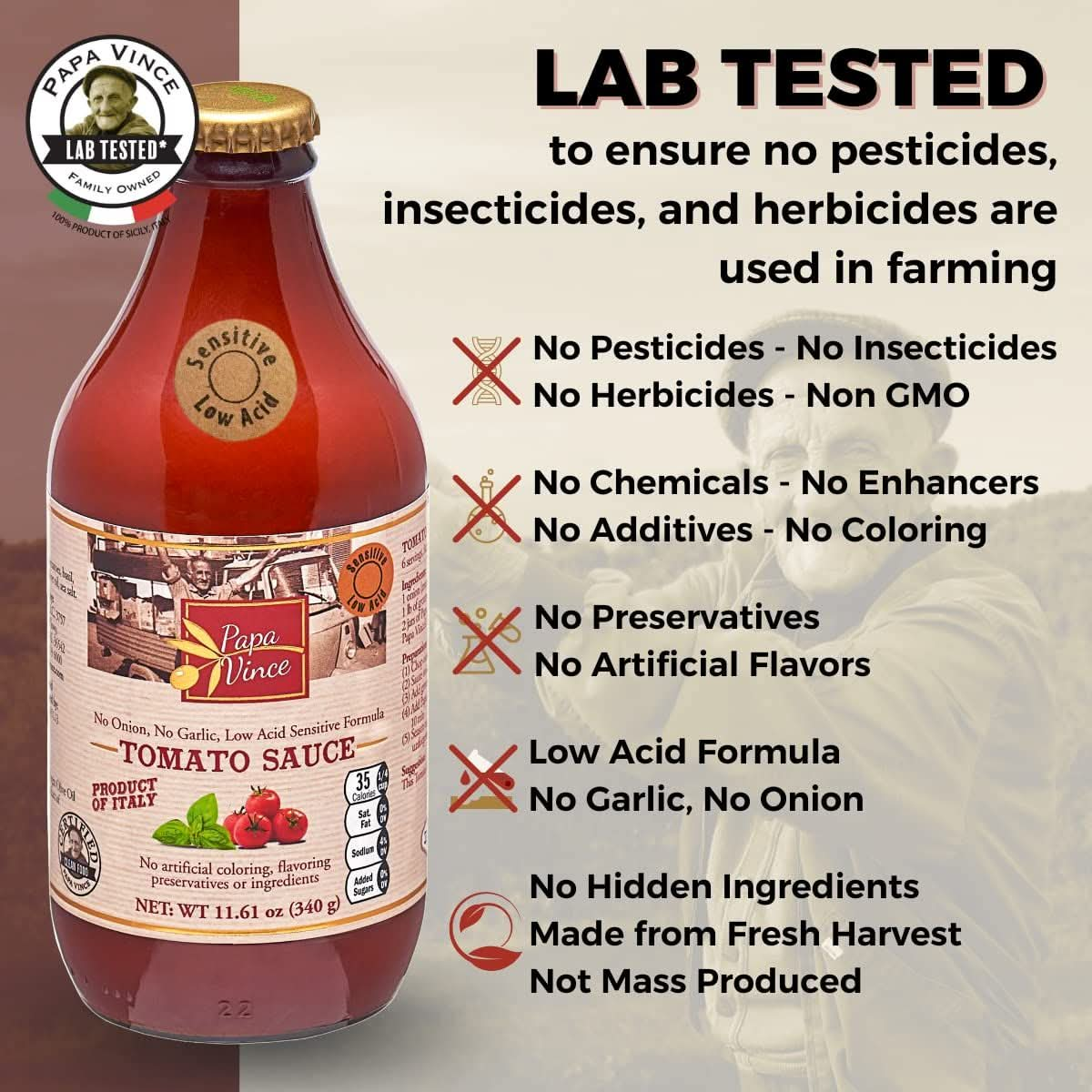 Papa Vince Pasta Tomato Sauce Low Acid GarlicFree Formula Low Sodium No Onion No Added Sugars NonGMO Gluten Free Organic Cherry Tomatoes made in Sicily Italy Small Batch Exceptional Taste