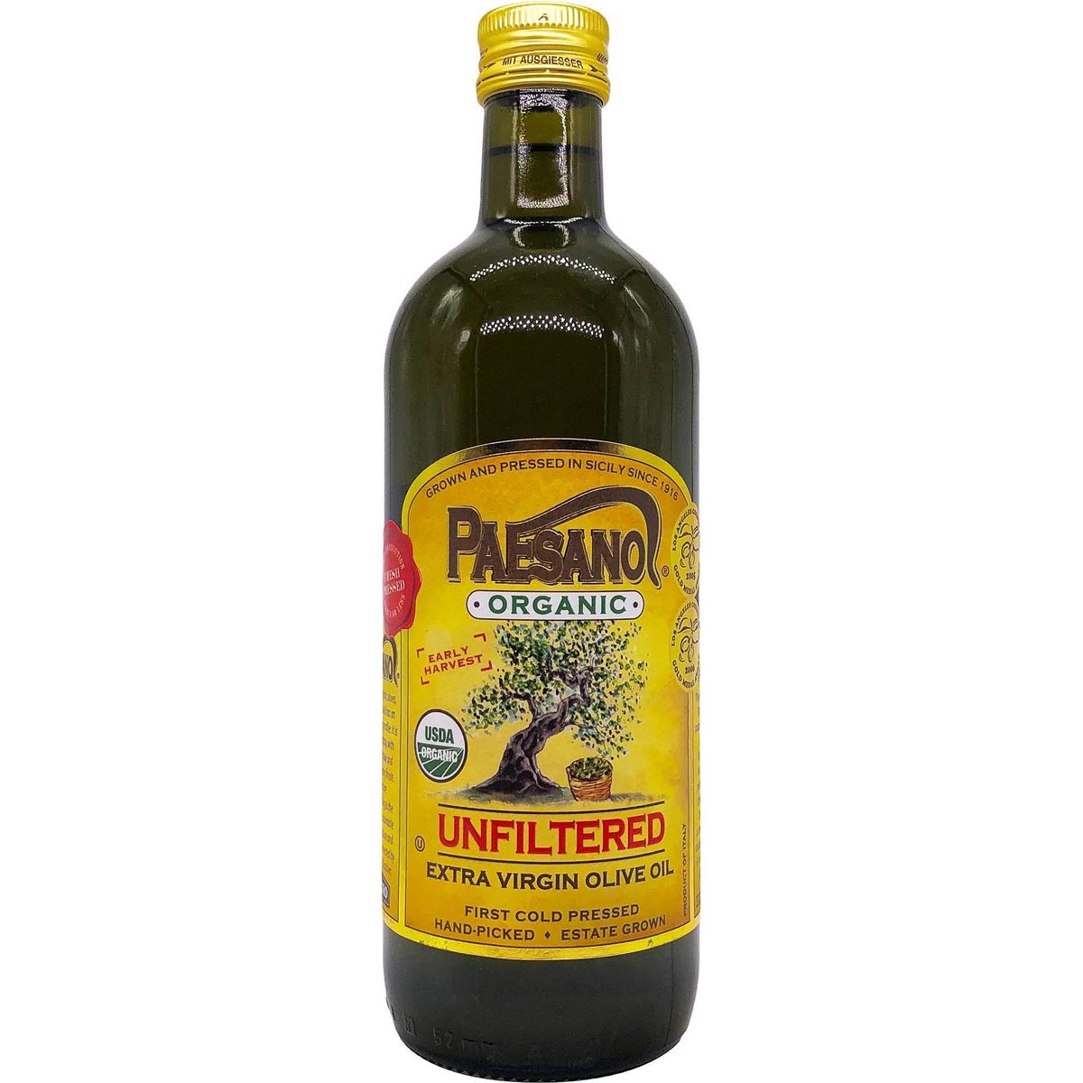 Paesanol ORGANIC UNFILTERED Extra Virgin Olive Oil 33.8 Fl Oz Glass