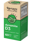 Renzo's Vitamin D3 for Kids - Vegan Vitamin D for Kids with Zero Sugar, Non-GMO Vitamin D3 1000 IU, Lil' Green Apple Flavor, Dissolvable and Easy to Take Chewable Vitamin D Tablets [60 Melty Tabs]