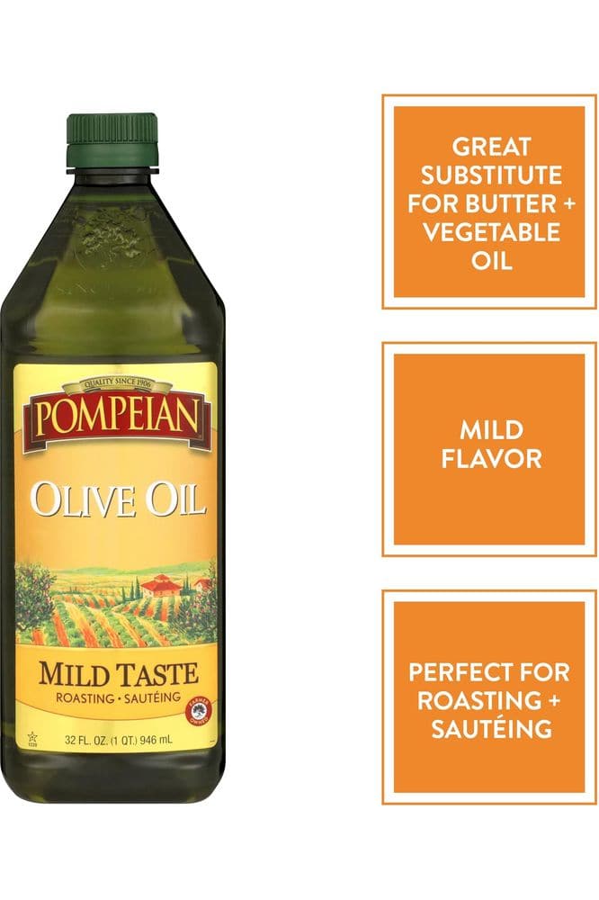 Pompeian Mild Taste Olive Oil, Mild Flavor, Perfect for Roasting &amp; Sauteing, Naturally Gluten Free, Non-Allergenic, Non-GMO, 32 FL. OZ.