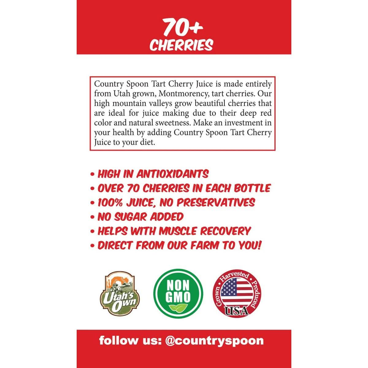 Country Spoon 100 Tart Cherry Juice 70 Tart Cherries Per 8 oz 12 Pack  Not from Concentrate Single Ingredient Drink Melatonin Rich Healthy Fruit Drink Cherry