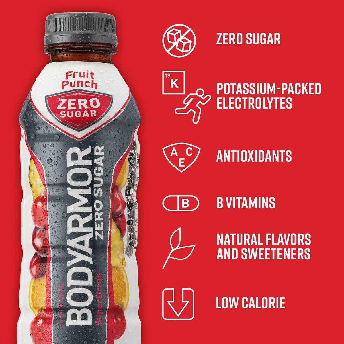 BODYARMOR ZERO Sugar Fruit Punch Sugar Free Sports Drink  LowCalorie Hydration  Natural Flavors with Potassium Packed Electrolytes Antioxidants and Bvitamins 16 fl oz pack of 12