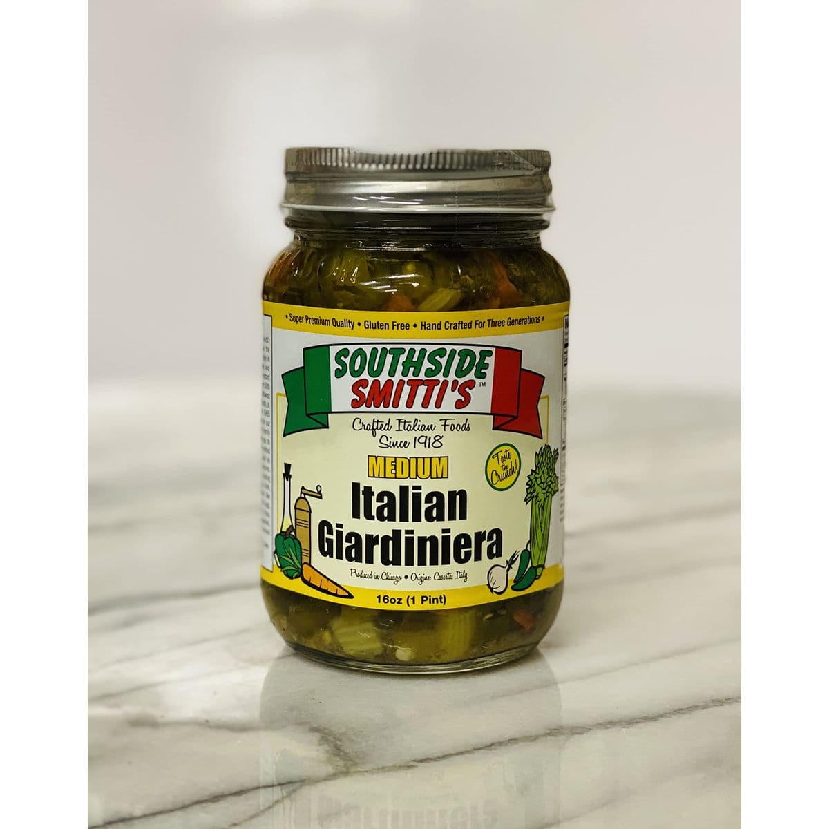 SOUTHSIDE SMITTIS  ITALIAN STYLE GIARDINIERA  MEDIUM  16 oz  Best Chicago Style Giardiniera Peppers  Original Southside Recipe