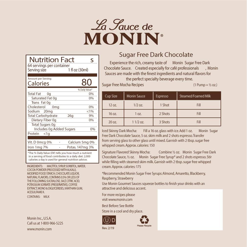 Monin  Sugar Free Dark Chocolate Sauce Velvety and Rich Great for Desserts Coffee and Snacks GlutenFree 12 Ounce 6Pack