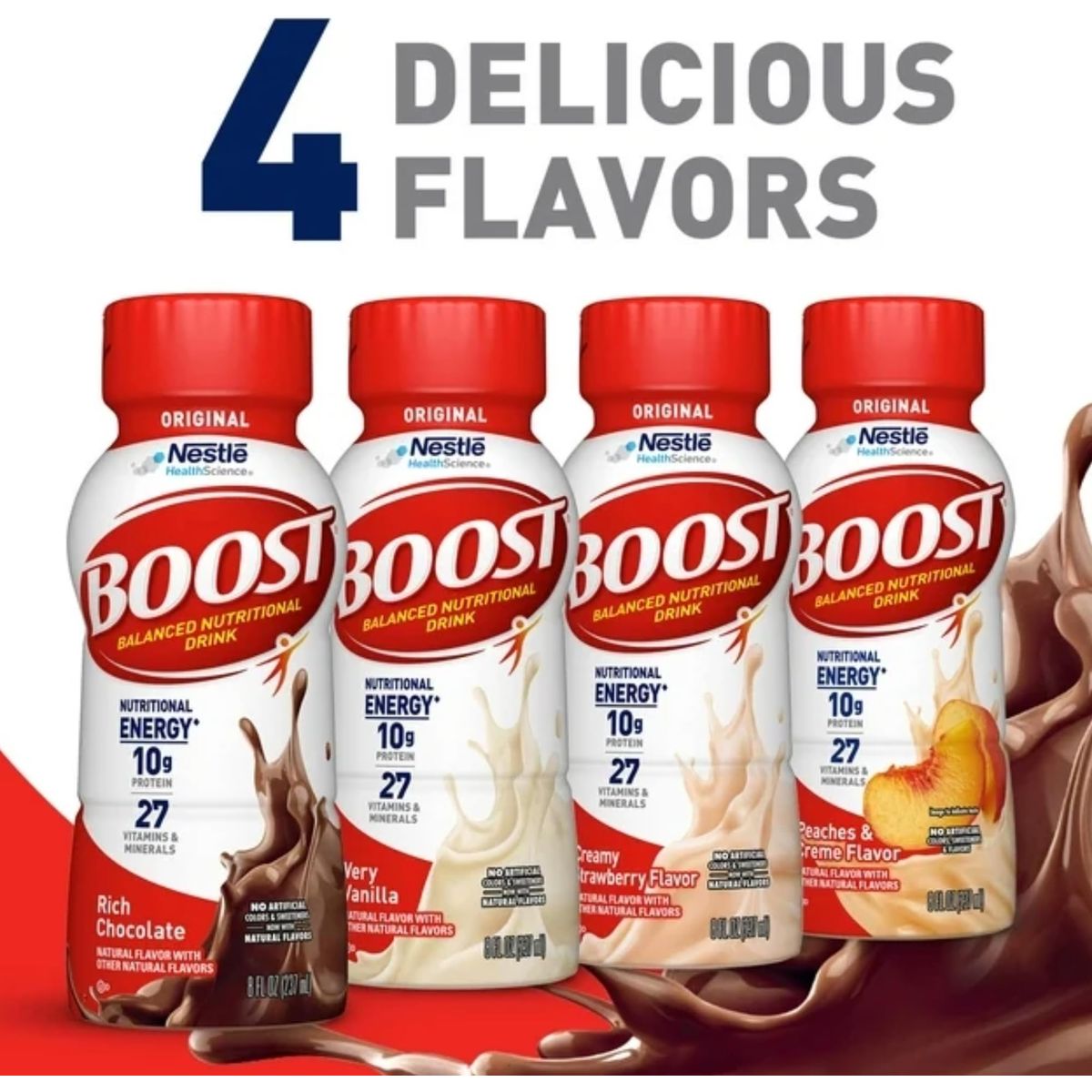 BOOST Original Nutritional Energy Drink  Balanced Nutritional Shake Variety  High Protein  Chocolate Strawberry Vanilla Flavors  10g Protein 27 Vitamins  Minerals  8 Fl Oz Bottle In BETRULIGHT Value Pack of 6 Sampler