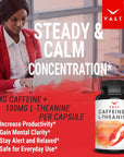 VALI Caffeine 50mg & L Theanine 100mg - Caffeine Pills & L-Theanine for Smart Smooth Energy & Focus Supplement. Nootropic Brain Booster Cognitive Support Stack & Focused Clarity. 120 Veggie Capsules