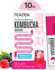 TEAZEN Berry Kombucha Tea Sugar Free Sparkling Fermented Powdered Mix Beverage from Korea Live Probiotics  Prebiotics 10 Sticks 176oz Berry