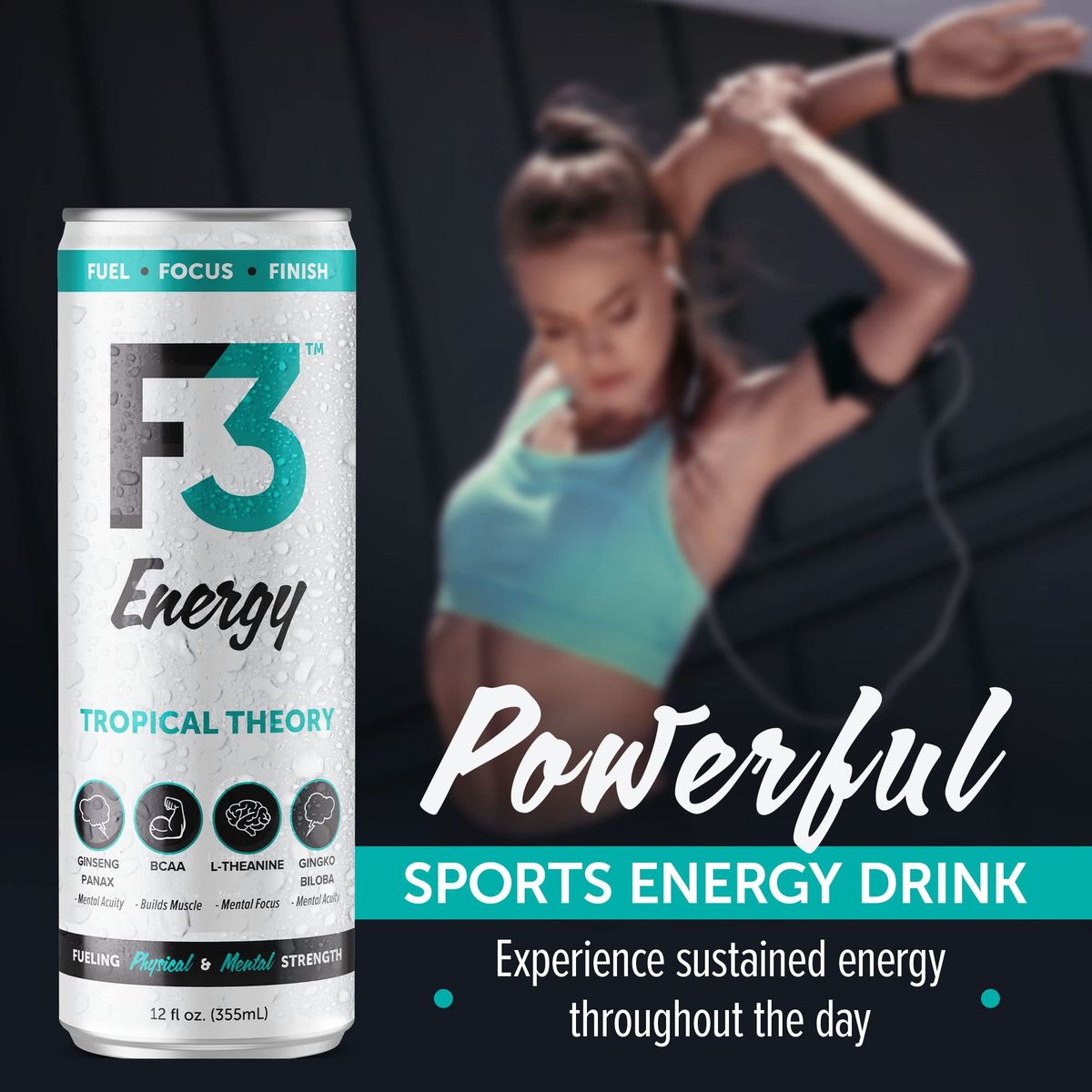 F3 Energy  Tropical Theory Energy Drink Muscle Building Sports Drinks w BCAA Panax Ginseng and Ginkgo Biloba Natural Energy Drinks for Strength Mental Focus and Muscle Recovery 355 ml 12 pack