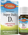 Carlson - Super Daily D3, Vitamin D Drops, 1,000 IU (25 mcg) per Drop, 1-Year Supply, Vitamin D3 Liquid, Heart & Immune Health, Vegetarian, Liquid Vitamin D3 Drops, Unflavored, 365 Drops