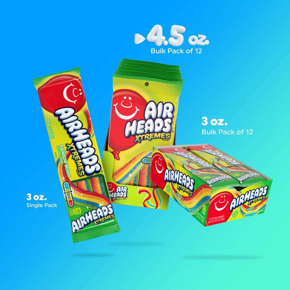 Airheads Xtremes Belts Sour Candy Rainbow Berry Non Melting Bulk Party Bag 45 oz Pack of 12