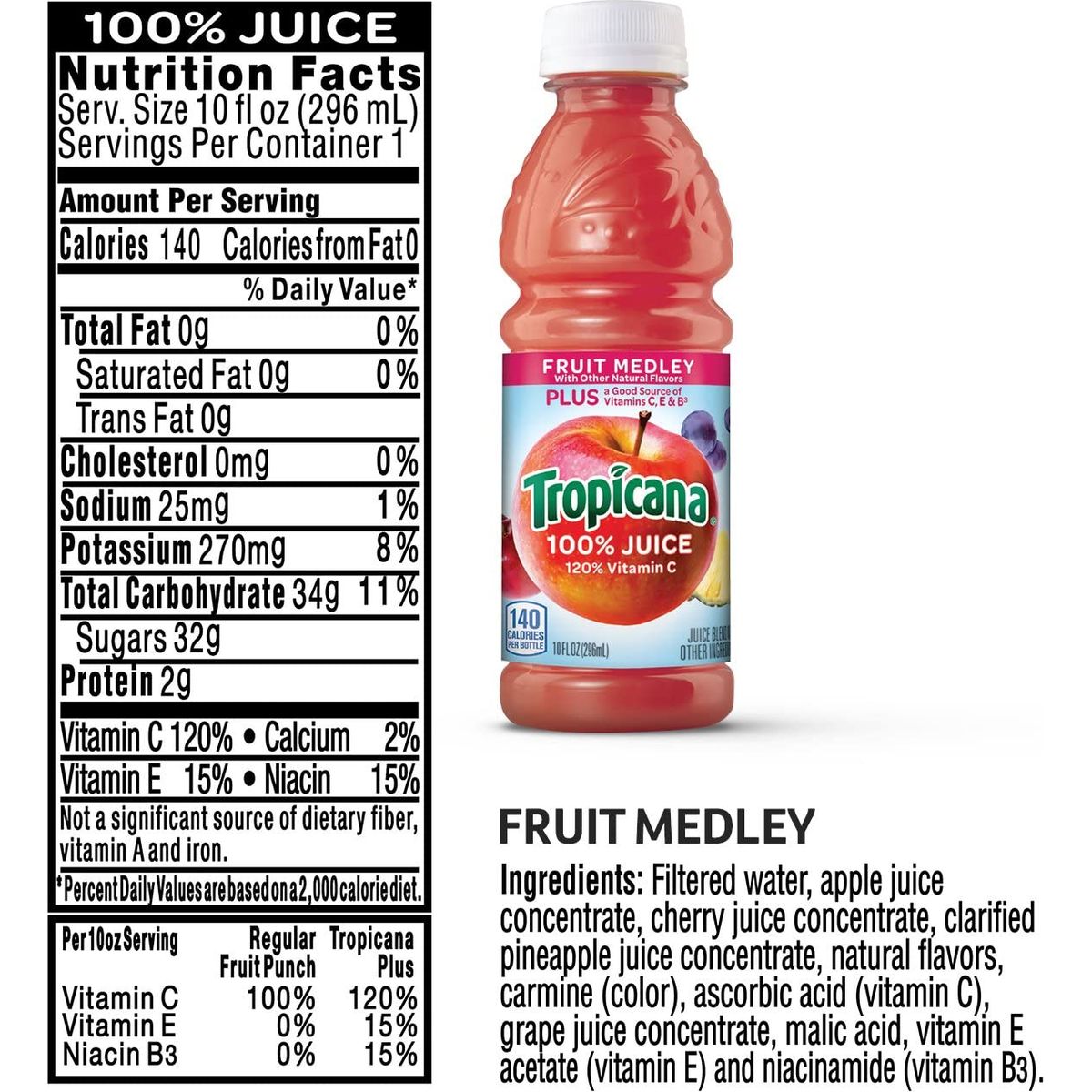 Tropicana 100 Juice 3 flavor 10 fl oz Pack of 24  Apple Juice Fruit Medley Orange Juice