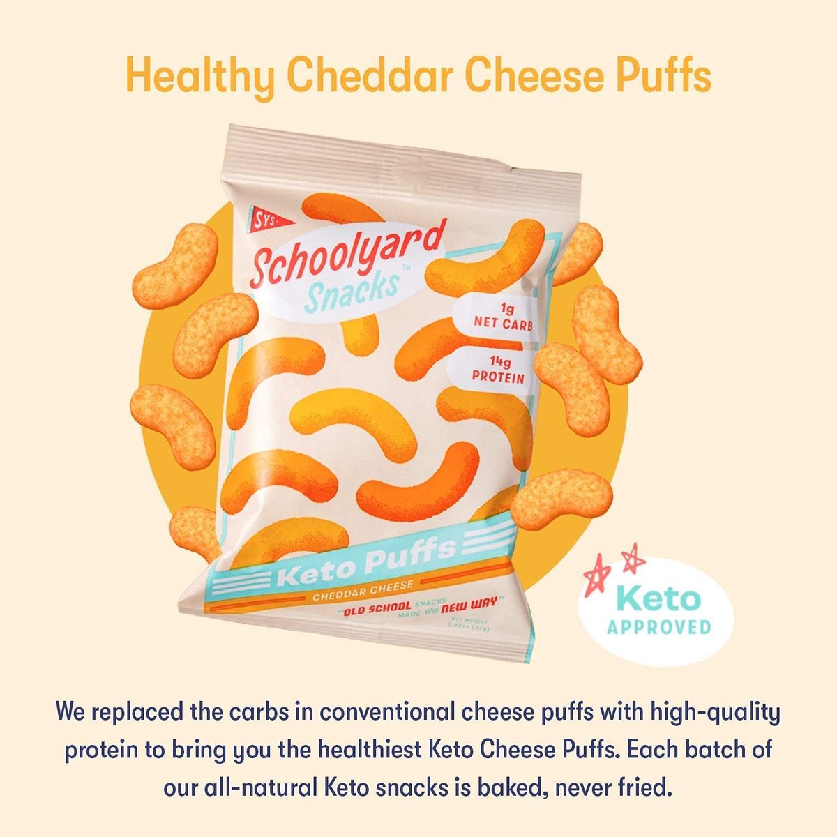 Schoolyard Snacks  Keto Chips Low Carb Low Sugar  Healthy Protein Snacks Gluten Free  15g Protein Low Calories  Satisfy Cravings  High Protein Puff Snacks  Cheddar Cheese Flavor  12 Bags