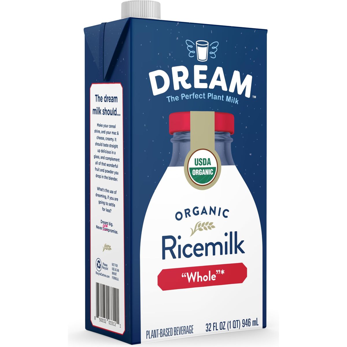 Dream Organic Whole Rice Milk Vegan Dairy Alternative LactoseFree Shelf Stable Original 32oz Pack of 6