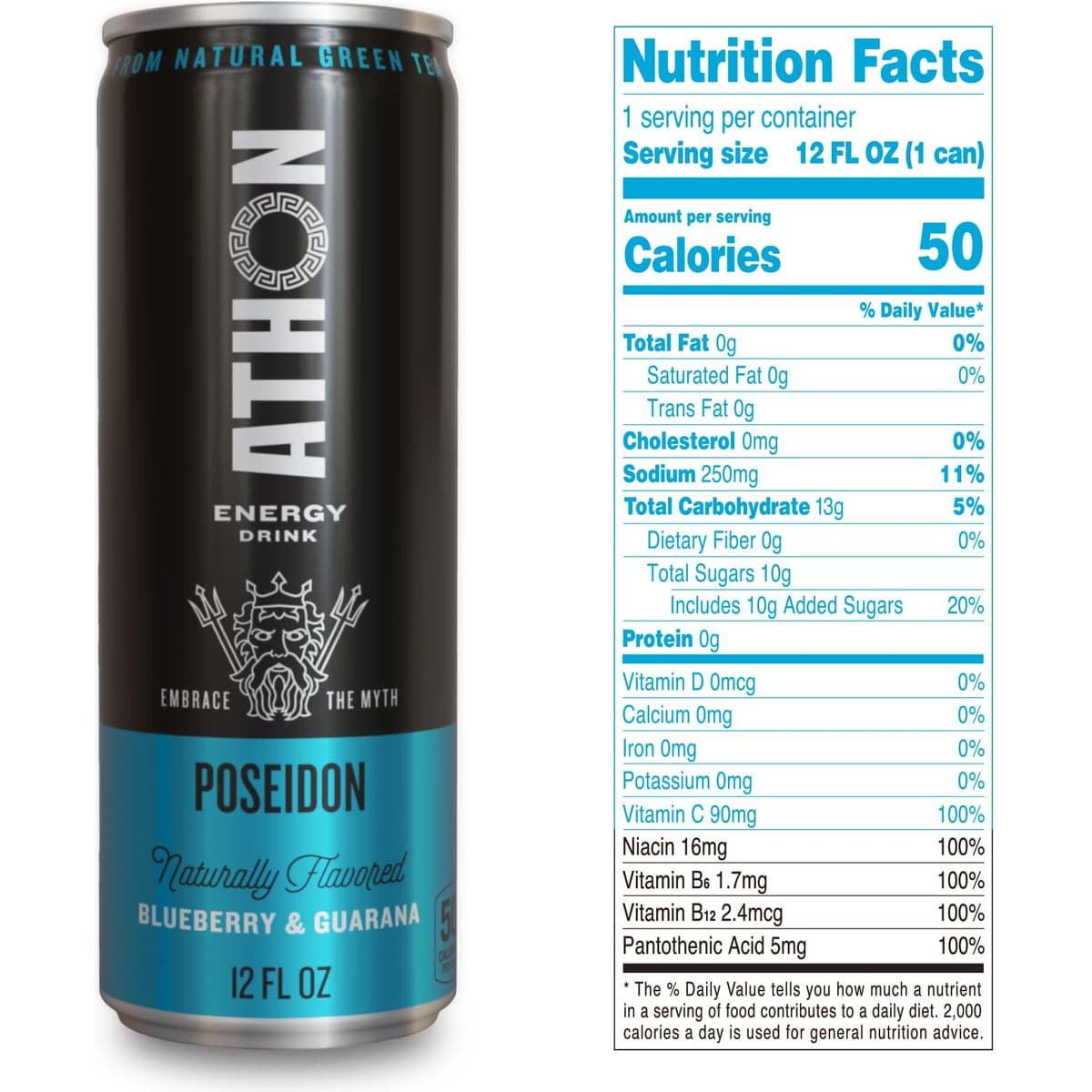 ATHON Natural Energy Drink Poseidon Blueberry Guarana  Naturally Sweetened 50 Calories  10g sugar  LTheanine and BVitamins  160mg Caffeine 12 fl oz Cans 12 pack