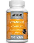 VISPURA Vitamin B-Complex, 180 Vegan Tablets, All B Vitamins Including B12, B1, B2, B3, B5, B6, B7, B9, Folic Acid, for Stress, Energy and Healthy Immune System*, Natural Supplement Without Additives