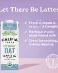 Califia Farms  Organic Oat Barista Blend Oat Milk 32 oz Shelf Stable Dairy Free Plant Based Vegan Non GMO Organic Milk Creamer Milk Frother Oatmilk