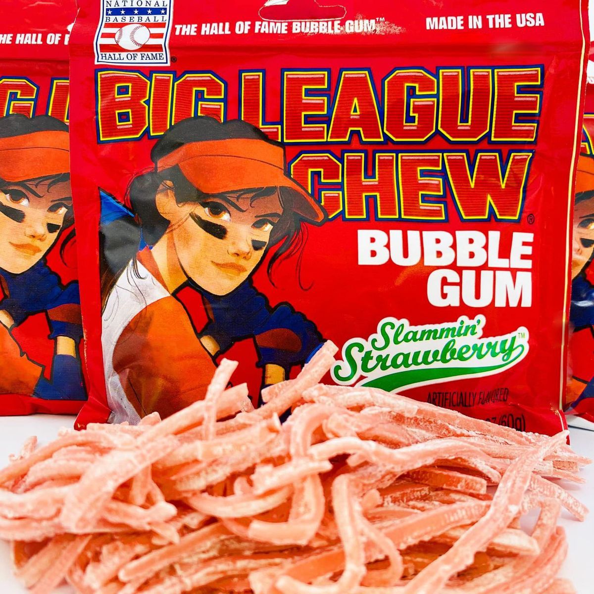 Big League Chew Slammin Strawberry Bubble Gum 212Ounce Pouches Pack of 8 with By The Cup SugarFree Mints