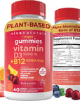 Viva Naturals Plant Based Vitamin B12 Gummies for Adults 5000mcg with Vitamin D3 5000 IU (60 Count) - Chewable B12 Vitamin 5000 mcg Gummies for Women, Vitamin D and B12 to Support Cellular Energy