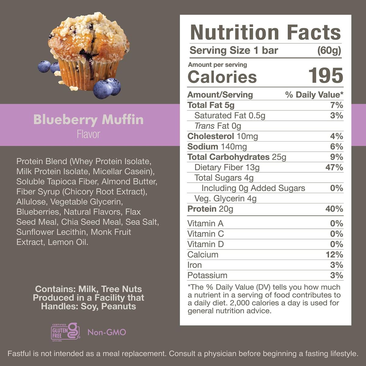 Fastful High Protein Bar for Intermittent Fasting, Pre-Fasting Nutrition - Blueberry Muffin