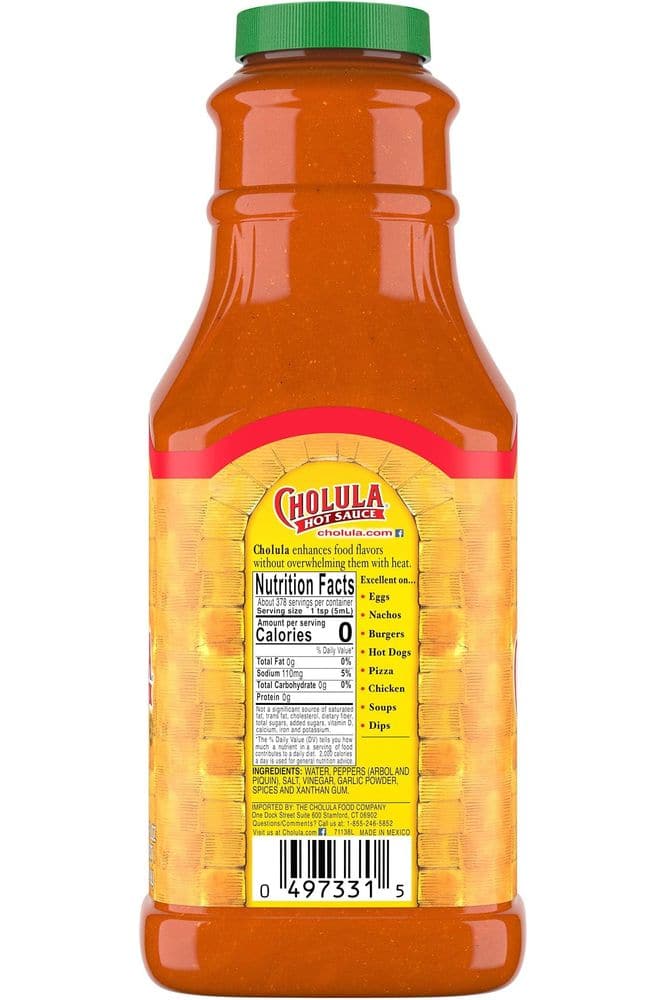 Cholula Original Hot Sauce, 64 fl oz - One 64 Fluid Ounce Bulk Container of Hot Sauce with Mexican Peppers and Signature Spice Blend, Perfect with Tacos, Eggs, Wings, Chicken and More