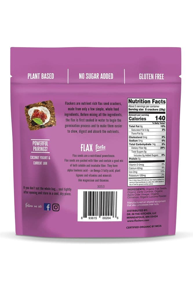 Flackers Organic Flax Seed Crackers Cinnamon &amp; Currants, 5 Ounce 1 Pack, Gluten Free, Non GMO, Vegan, Naturally Sweet