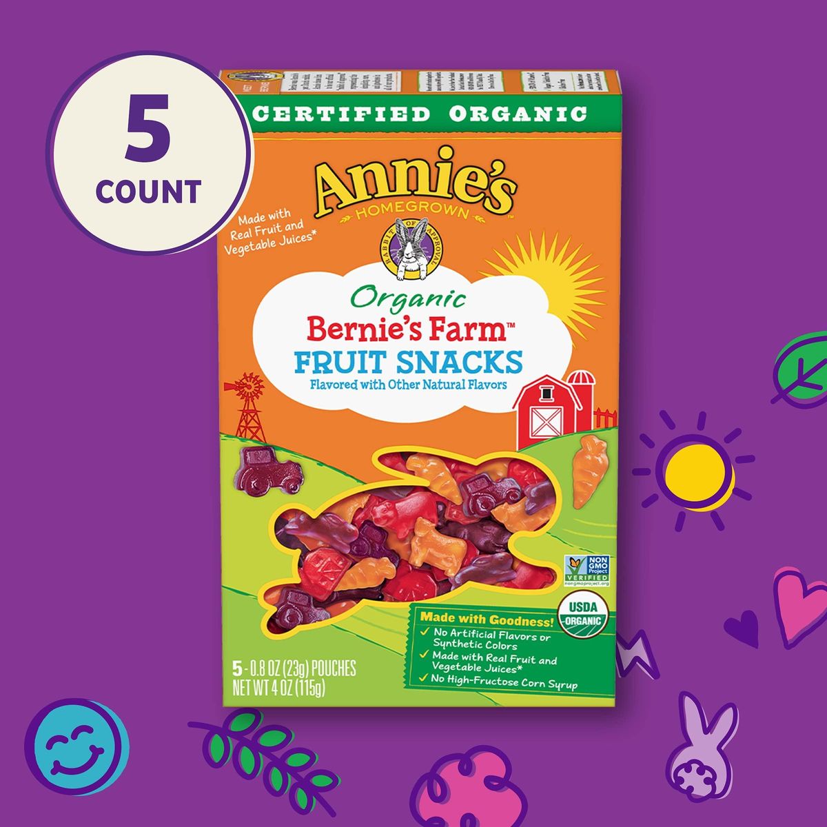 Annie&#39;s Gluten Free Organic Bernie&#39;s Farm Fruit Snacks, 4 Oz, 5 Ct