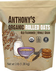 Anthony's Organic Rolled Oats, 3 lb, Gluten Free, Non GMO, Old Fashioned, Whole Grain