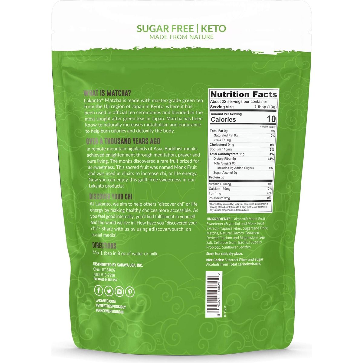 Lakanto Sugar Free Matcha Latte - Green Tea Powder with Shelf Stable Probiotics and Fiber, Sugar Free, Monk Fruit Sweetener, Keto Diet Friendly, Vegan, Detox, Destress, Antioxidants, Authentic (10 oz)