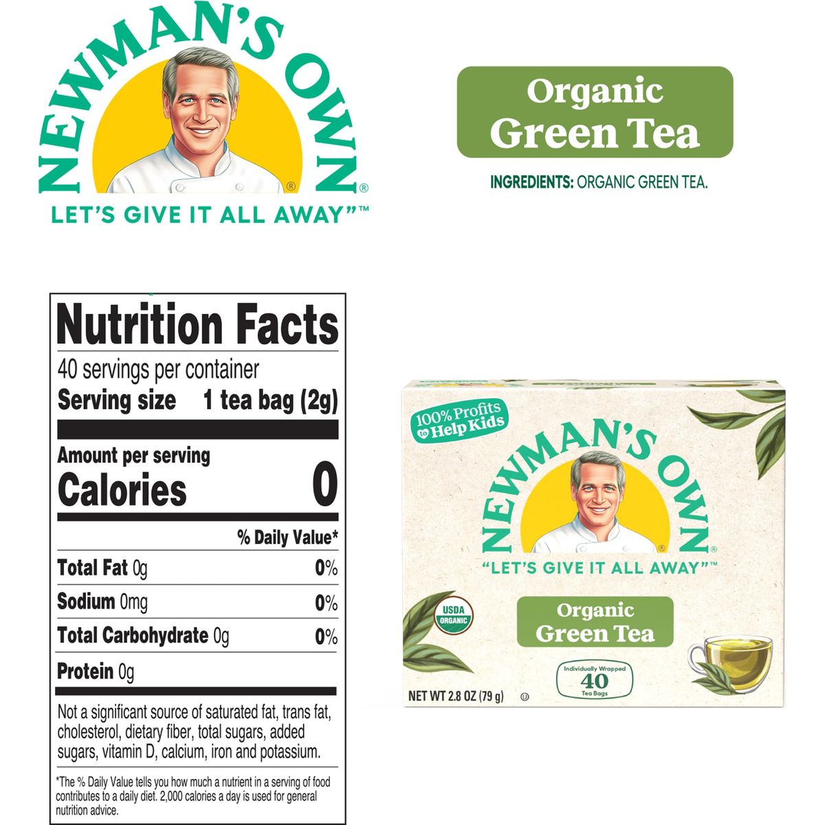 Newmans Own Organic Green Tea May Aid in Digestive Health Green Tea with 40 Individually Wrapped Tea Bags USDA Certified Contains Caffeine Brew Hot 40 Count Pack of 6