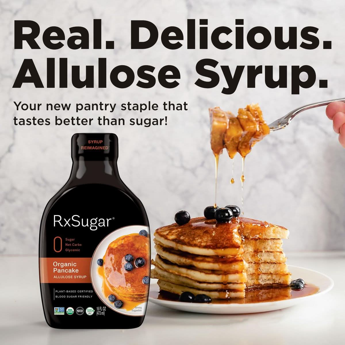 RxSugar Organic Pancake Syrup 2Pack  Allulose sweetener  DiabetesSafe Natural Sugar  Keto Certified  NonGMO Project Verified  GlutenFree Certified