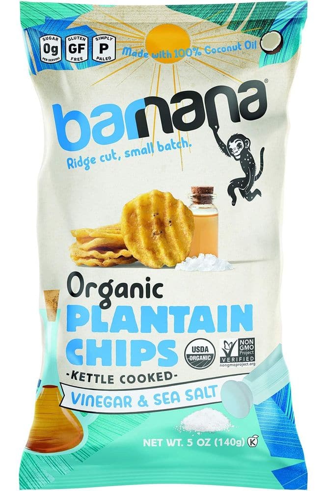 Barnana Organic Plantain Chips, Salt &amp; Vinegar Paleo &amp; Vegan Ridge Cut Chips, 5 Ounce Bag