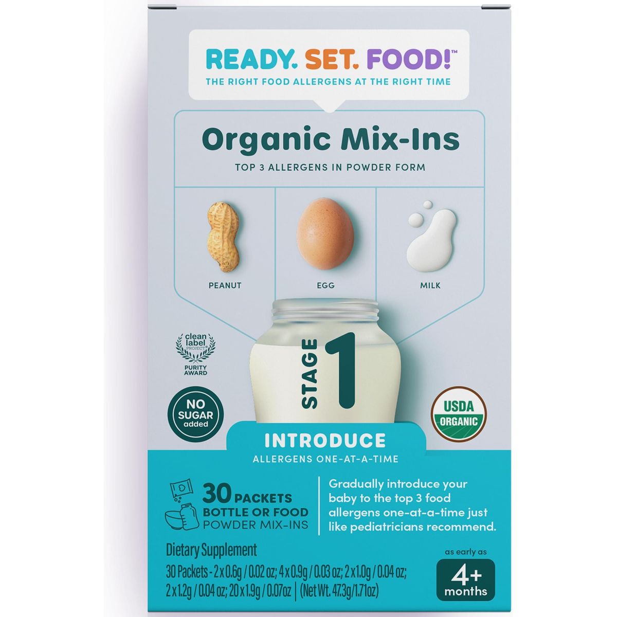 Ready Set Food | Early Allergen Introduction Mix-ins for Babies 4+ Mo | Stage 1 - 30 Days | Top 3 Allergens - Organic Peanut Egg Milk | Safe Easy Effective | For Bottle or Food | ReadySetFood