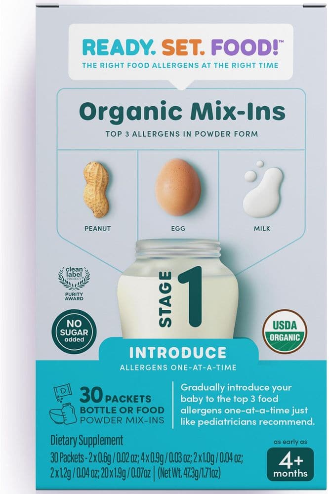 Ready Set Food | Early Allergen Introduction Mix-ins for Babies 4+ Mo | Stage 1 - 30 Days | Top 3 Allergens - Organic Peanut Egg Milk | Safe Easy Effective | For Bottle or Food | ReadySetFood