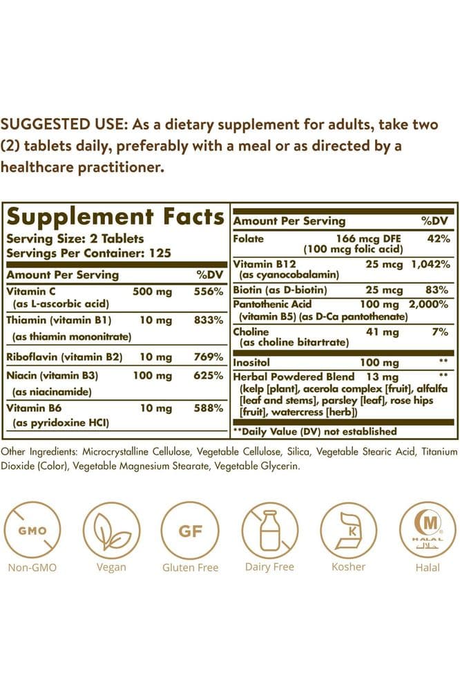 Solgar B-Complex with Vitamin C Stress Formula, 250 Tablets - Energy Metabolism, Nervous System &amp; Immune Support - Non-GMO, Vegan, Gluten Free, Dairy Free, Kosher, Halal - 125 Servings