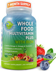 Vegan Whole Food Multivitamin with Iron, Daily Multivitamin for Women and Men, Made with Fruits & Vegetables, B-Complex, Probiotics, Enzymes, CoQ10, Omegas, Turmeric, Non-GMO, 90 Count