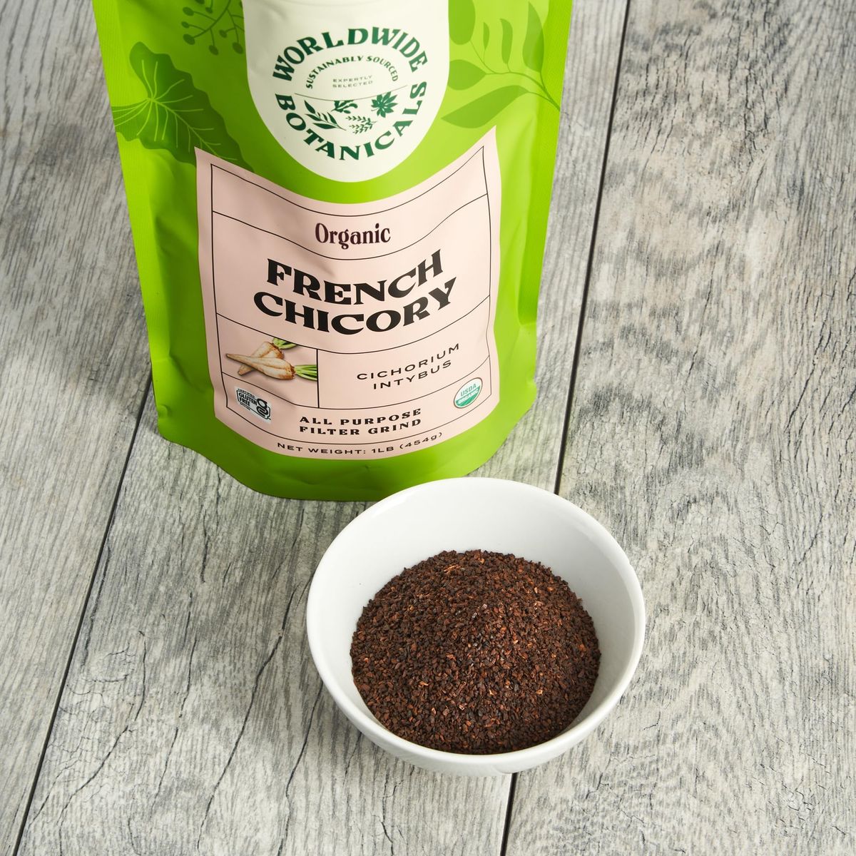 Worldwide Botanicals Organic French Chicory Root  Brew Like Coffee Blend Roasted Chicory Root With Coffee Coffee Alternative Acid Free Caffeine Free Kosher 1 Pound Pack of 2