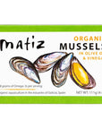 Matiz Espana Organic Mussels in Extra Virgin Olive Oil and Apple Cider Vinegar  4 oz  12 Pack  From the Coast of Galicia Spain