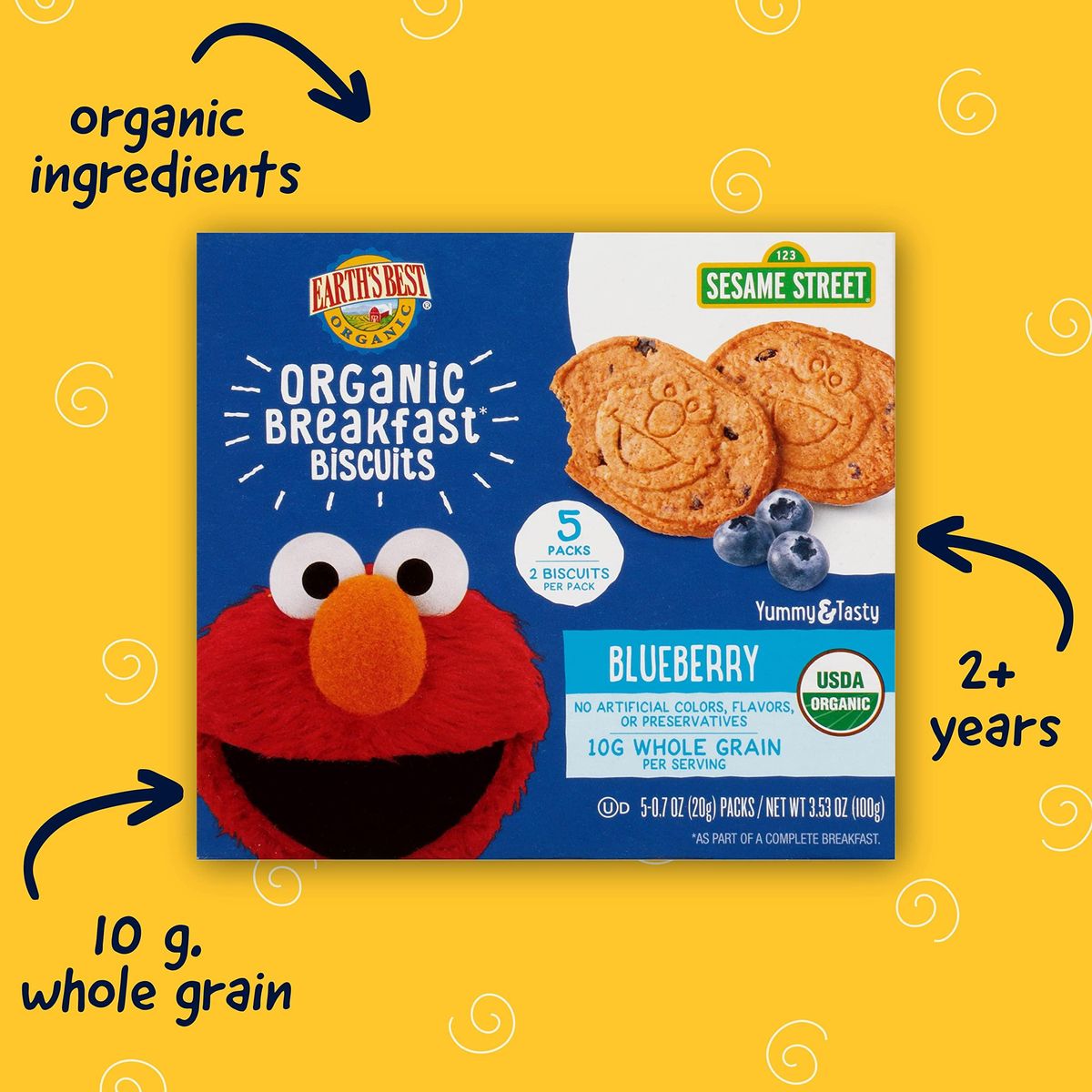 Earth&#39;s Best Organic Kids Snacks, Sesame Street Toddler Snacks, Organic Breakfast Biscuits for Kids 2 Years and Older, Blueberry, 2 Biscuits - 5 Count (Pack of 6)