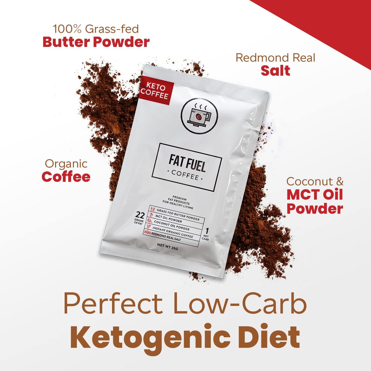 Keto Meal Replacement Coffee Packets with MCT Oils Coconut Oil GrassFed Butter and Redmond Real Salt  Organic Instant Coffee by Fat Fuel Company 15 Servings