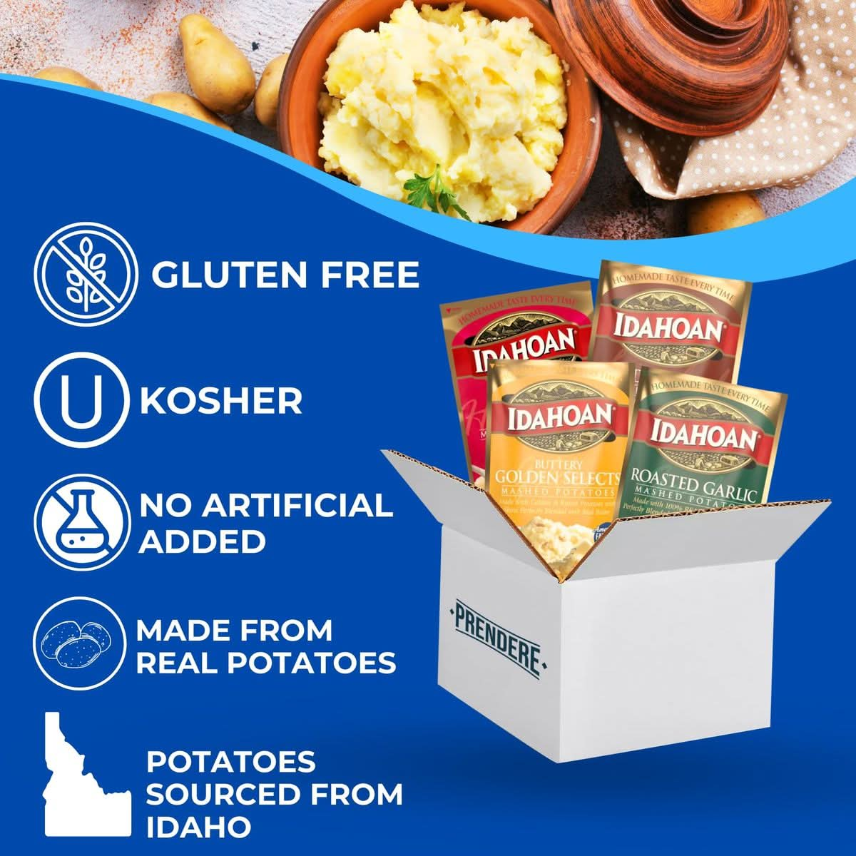 Instant Mashed Potatoes Bundled by Prendere Includes Four Packs of Idahoan Mashed Potatoes 4 Oz each Roasted Garlic Buttery Homestyle Loaded Baked Buttery Golden and a Prendere Measuring Spoon