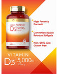 Carlyle Vitamin D3 5000 IU Softgels | 500 Count | Value Size | Non-GMO and Gluten Free Supplement | High Potency Formula | 125mcg