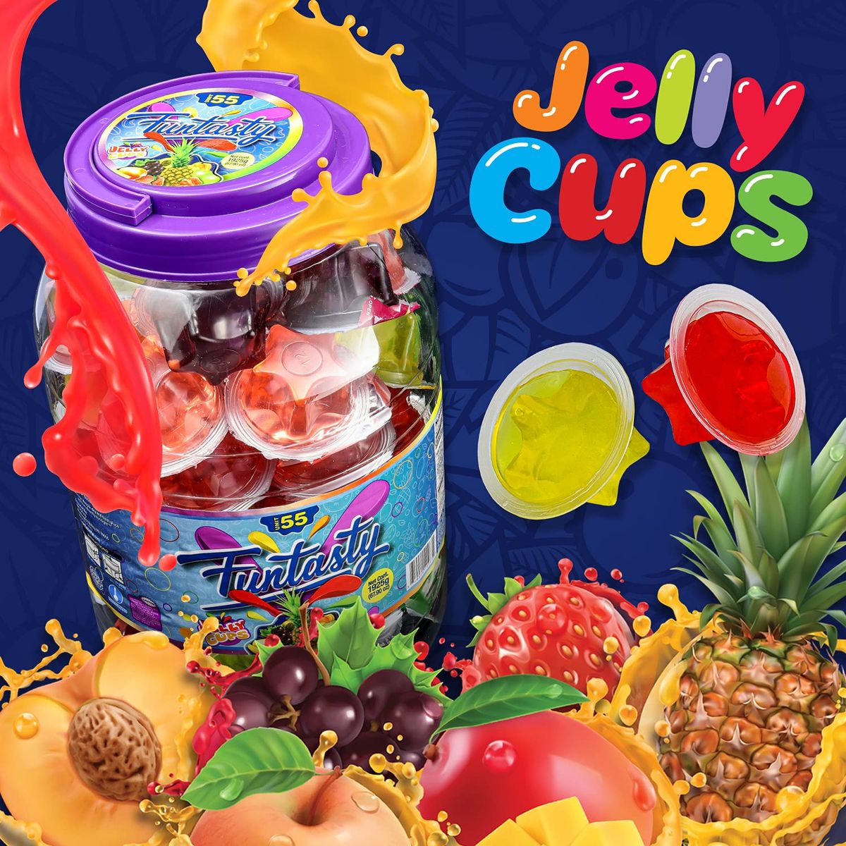 Funtasty Jelly Cups Assorted Fruit Candy 55 Count Jar Vegan Friendly