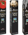 Amore Crowd Favorite  Garlic Paste 32oz Tomato Paste 45oz  Anchovy Paste 16oz in a Tube Non GMO Verified Variety 3 Pack