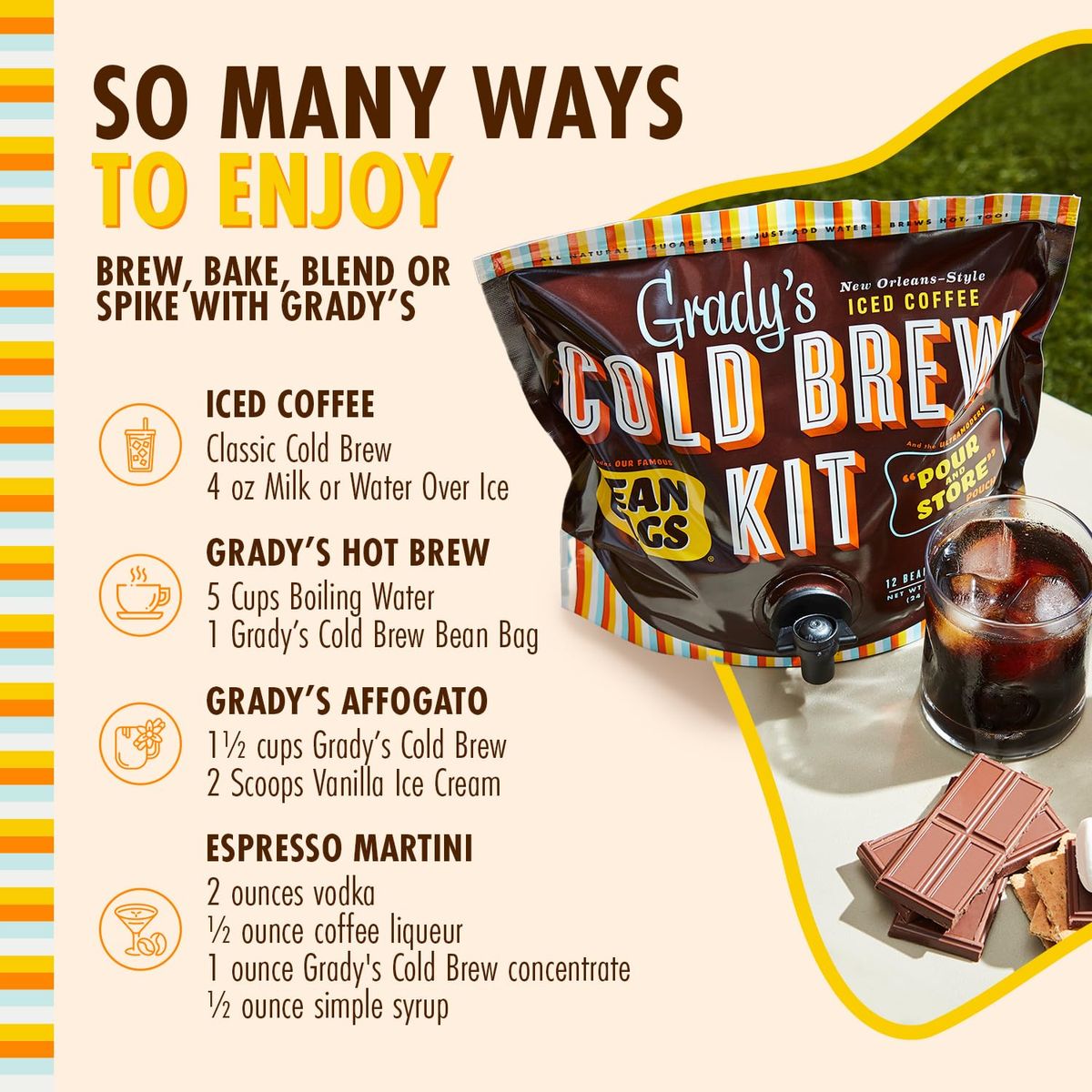 Gradys Cold Brew Cold Brew Coffee Concentrate Original Flavor Cold Brew Kit with 12 2oz Bean Bags plus 1 Pour and Store Pouch New Orleans Style Cold Brew Concentrate 36 Total Servings