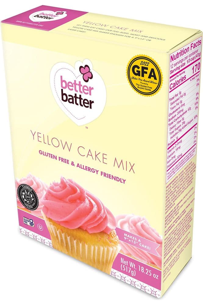 Better Batter Yellow Cake Baking Mix, Certified Gluten Free, Perfect for Cupcakes, Moist &amp; Fluffy, Non-GMO, Vegan Friendly, Kosher, Top 10 Allergen Friendly, Cup for Cup Baking Alternative to Regular Cake Mixes, 18.25oz