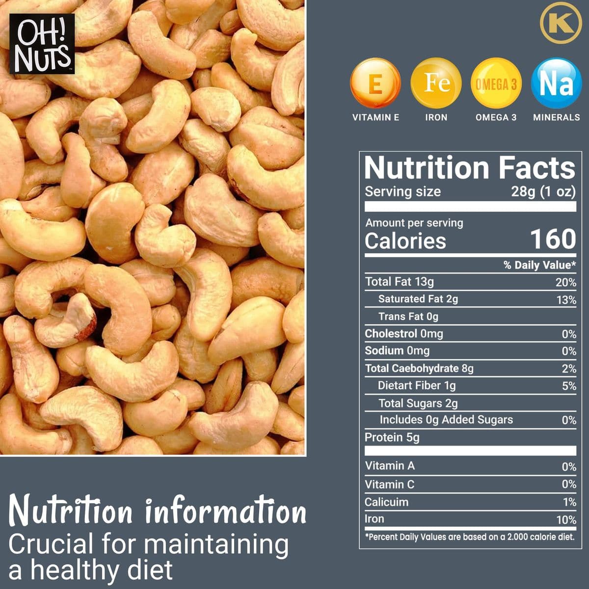 Oh Nuts Dry Roasted Unsalted Cashews  AllNatural No Additives No Salt No Oil Fresh  Healthy Protein Keto Snacks  Resealable 2Lb Bulk Bag  Low Sodium Vegan  GlutenFree Snacking