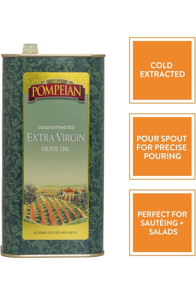 Pompeian Extra Virgin Olive Oil, Cold Extracted, Smooth &amp; Delicate Flavor, Perfect for Sautéing, Salads &amp; Drizzling, 33.8 FL. OZ. Tin